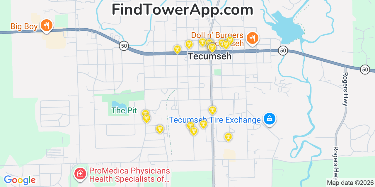 Map showing the 20 primary cell tower locations detected in Tecumseh, Michigan from AT&T, Verizon, and T-Mobile networks