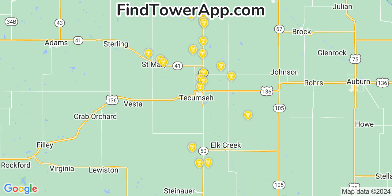 AT&T 4G/5G cell tower coverage map Tecumseh, Nebraska