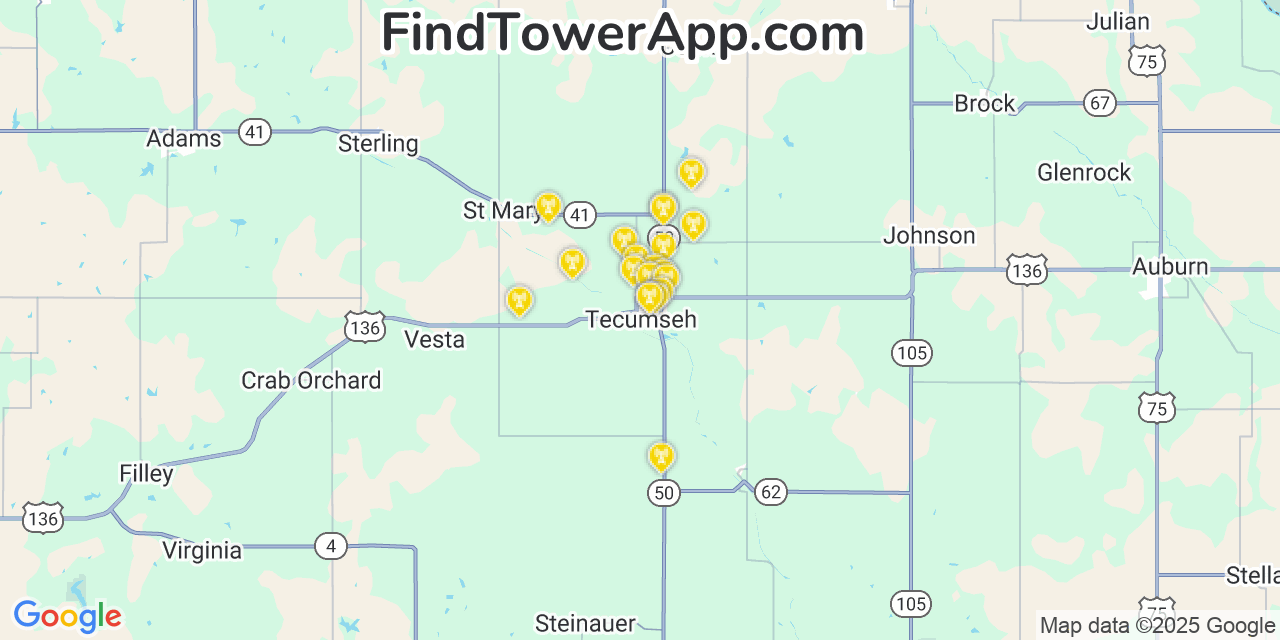 Map showing the 20 primary cell tower locations detected in Tecumseh, Nebraska from AT&T, Verizon, and T-Mobile networks