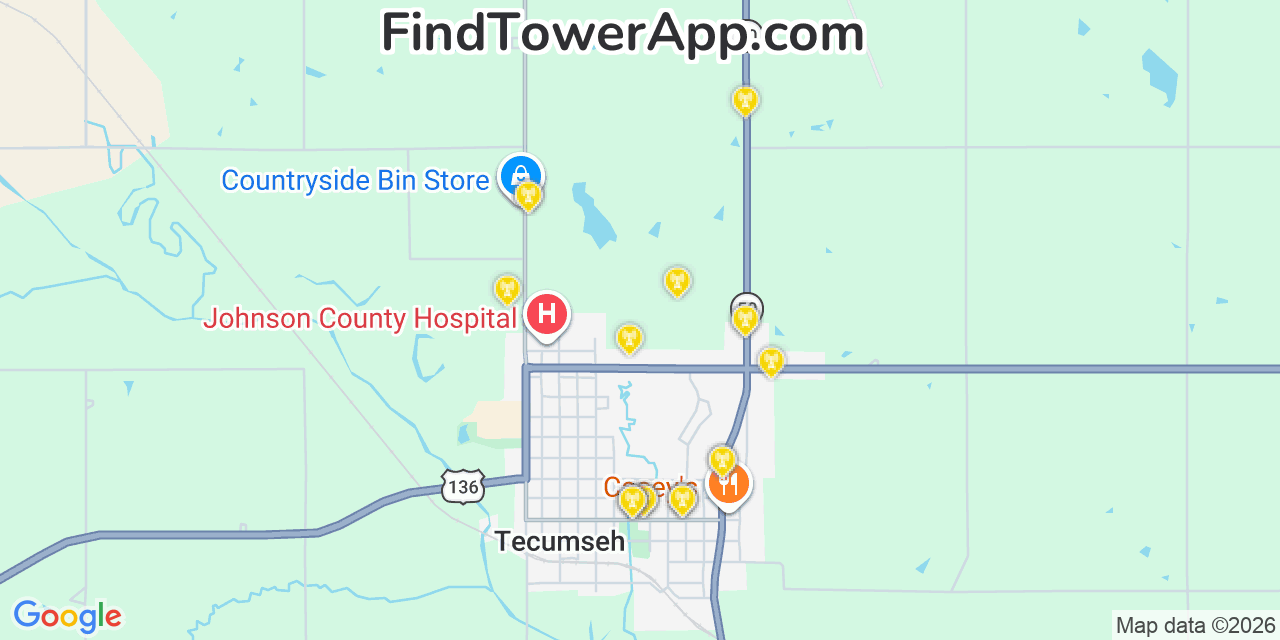 Map showing the 20 primary cell tower locations detected in Tecumseh, Nebraska from AT&T, Verizon, and T-Mobile networks