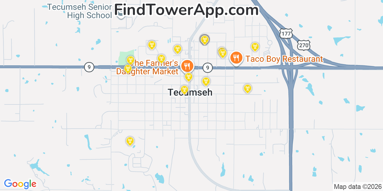 Map showing the 20 primary cell tower locations detected in Tecumseh, Oklahoma from AT&T, Verizon, and T-Mobile networks