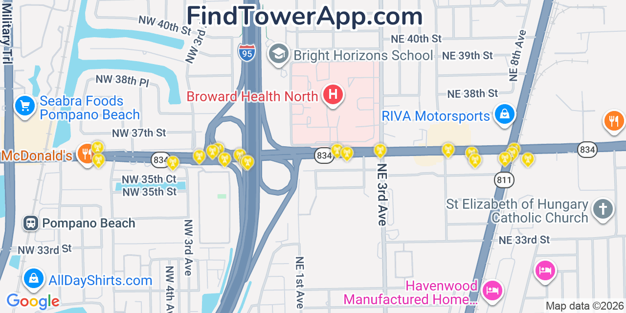 Map showing the 20 primary cell tower locations detected in Tedder, Florida from AT&T, Verizon, and T-Mobile networks