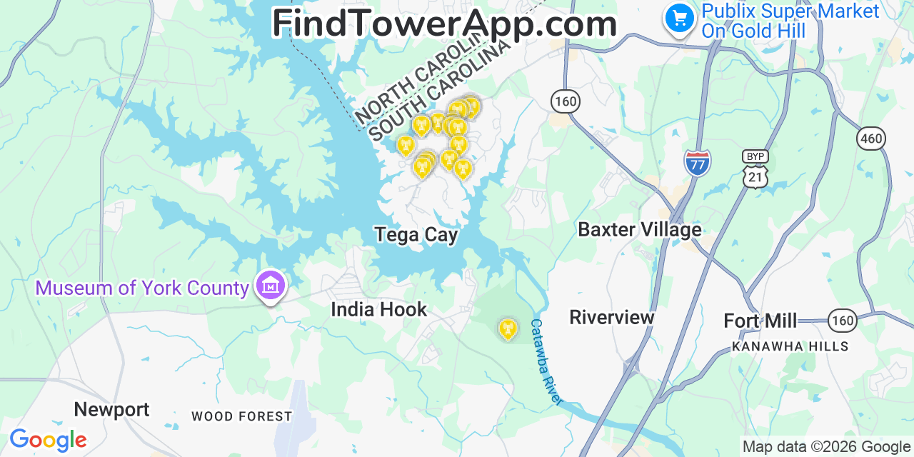 Map showing the 20 primary cell tower locations detected in Tega Cay, South Carolina from AT&T, Verizon, and T-Mobile networks