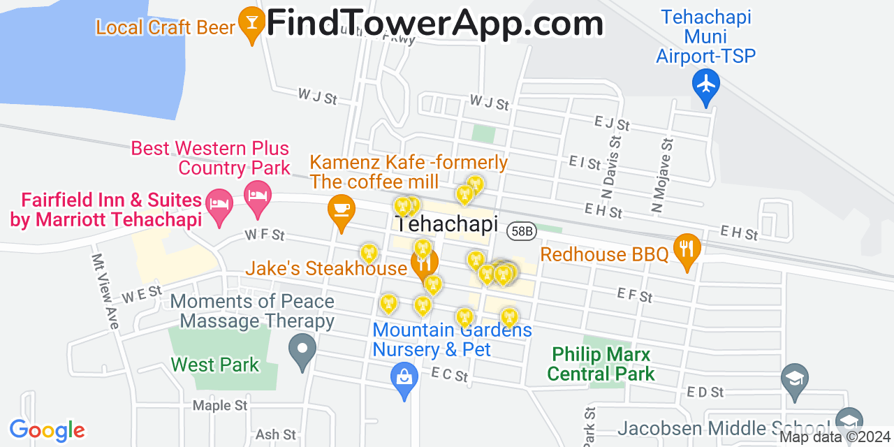 AT&T 4G/5G cell tower coverage map Tehachapi, California