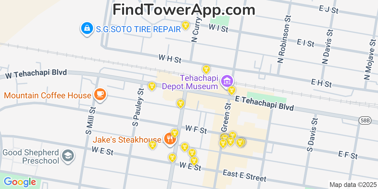 Map showing the 20 primary cell tower locations detected in Tehachapi, California from AT&T, Verizon, and T-Mobile networks