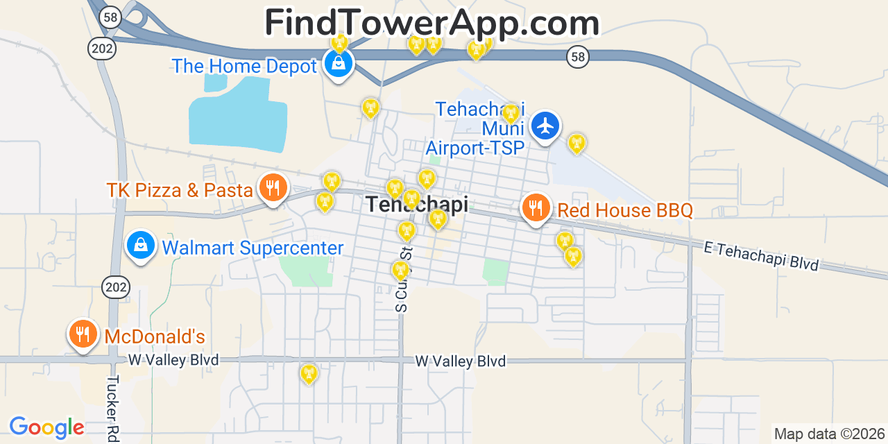 Map showing the 20 primary cell tower locations detected in Tehachapi, California from AT&T, Verizon, and T-Mobile networks