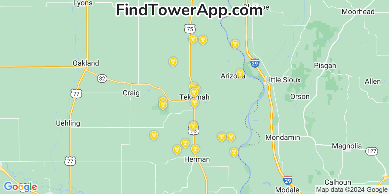 AT&T 4G/5G cell tower coverage map Tekamah, Nebraska