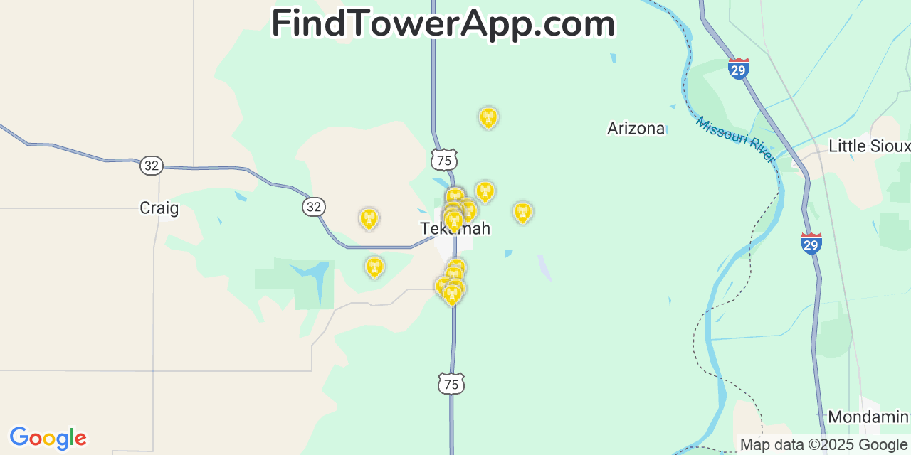 Map showing the 20 primary cell tower locations detected in Tekamah, Nebraska from AT&T, Verizon, and T-Mobile networks
