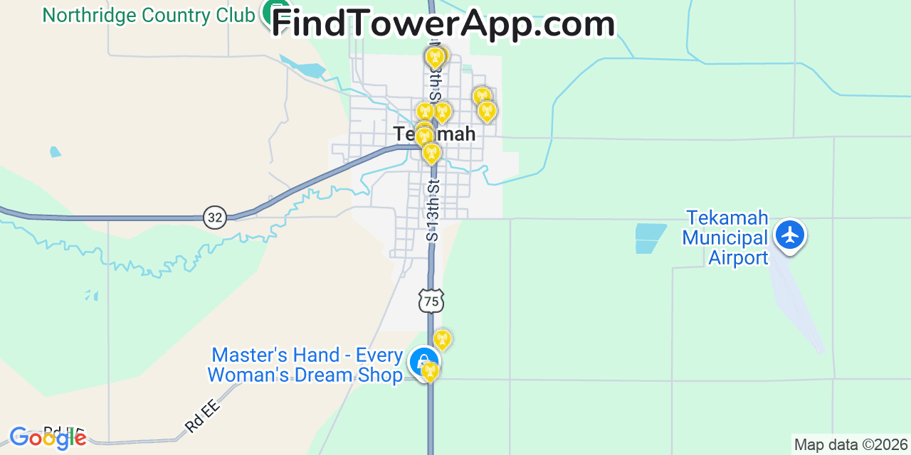 Map showing the 20 primary cell tower locations detected in Tekamah, Nebraska from AT&T, Verizon, and T-Mobile networks