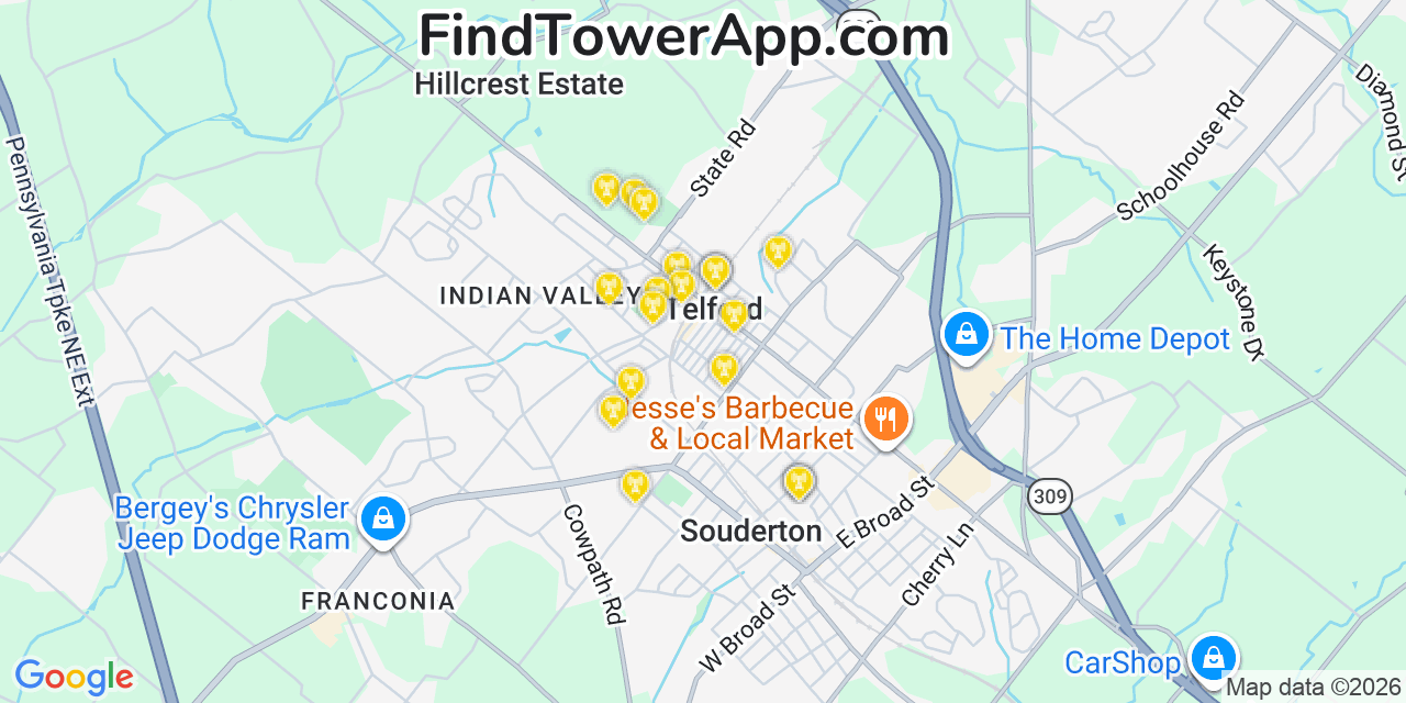 Map showing the 20 primary cell tower locations detected in Telford, Pennsylvania from AT&T, Verizon, and T-Mobile networks