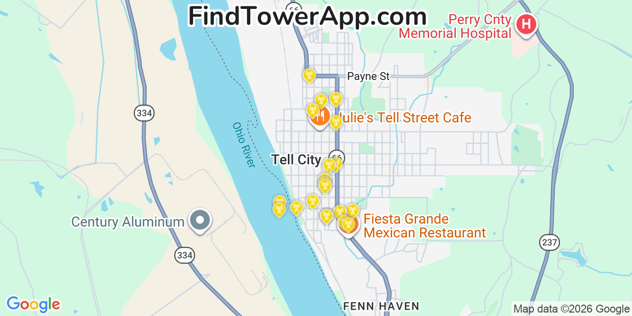 Map showing the 20 primary cell tower locations detected in Tell City, Indiana from AT&T, Verizon, and T-Mobile networks