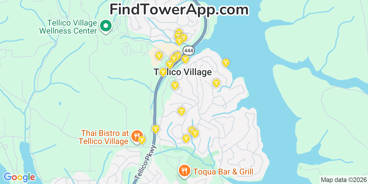 Map showing the 20 primary cell tower locations detected in Tellico Village, Tennessee from AT&T, Verizon, and T-Mobile networks