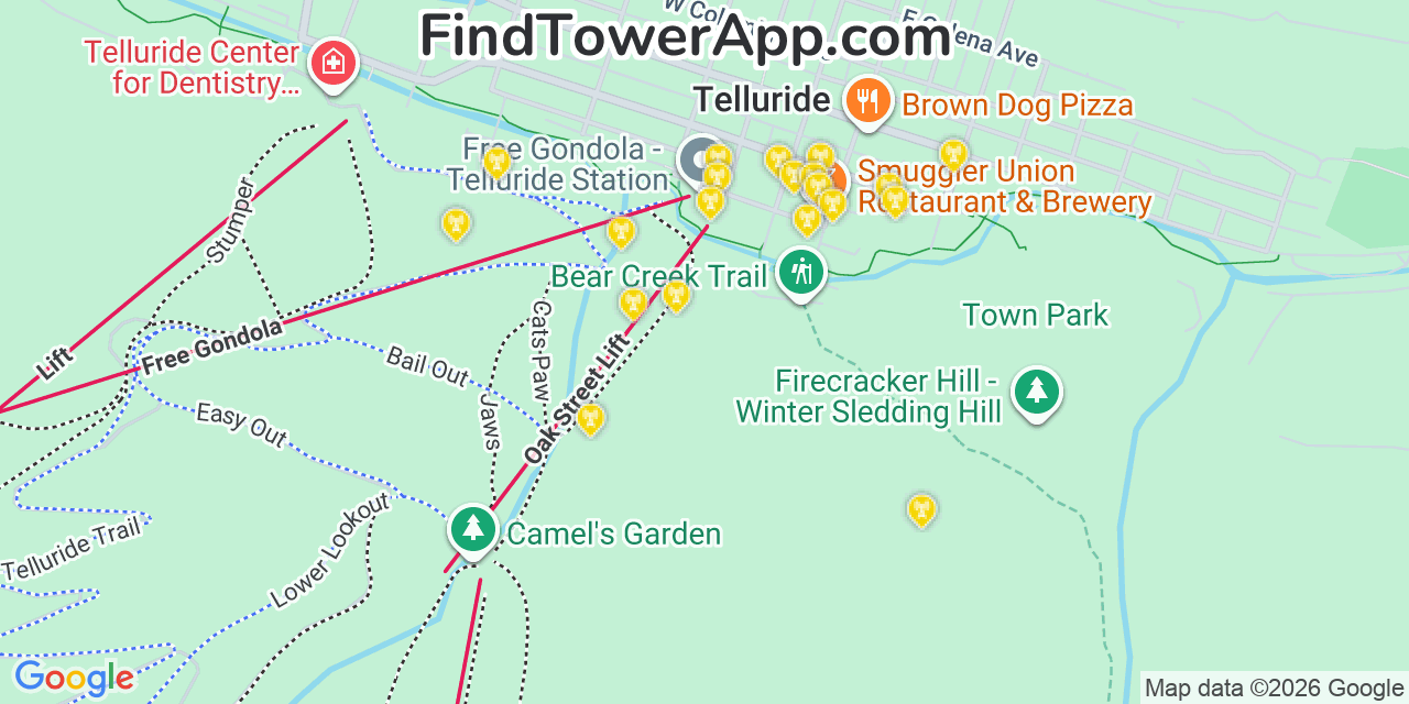 Map showing the 20 primary cell tower locations detected in Telluride, Colorado from AT&T, Verizon, and T-Mobile networks