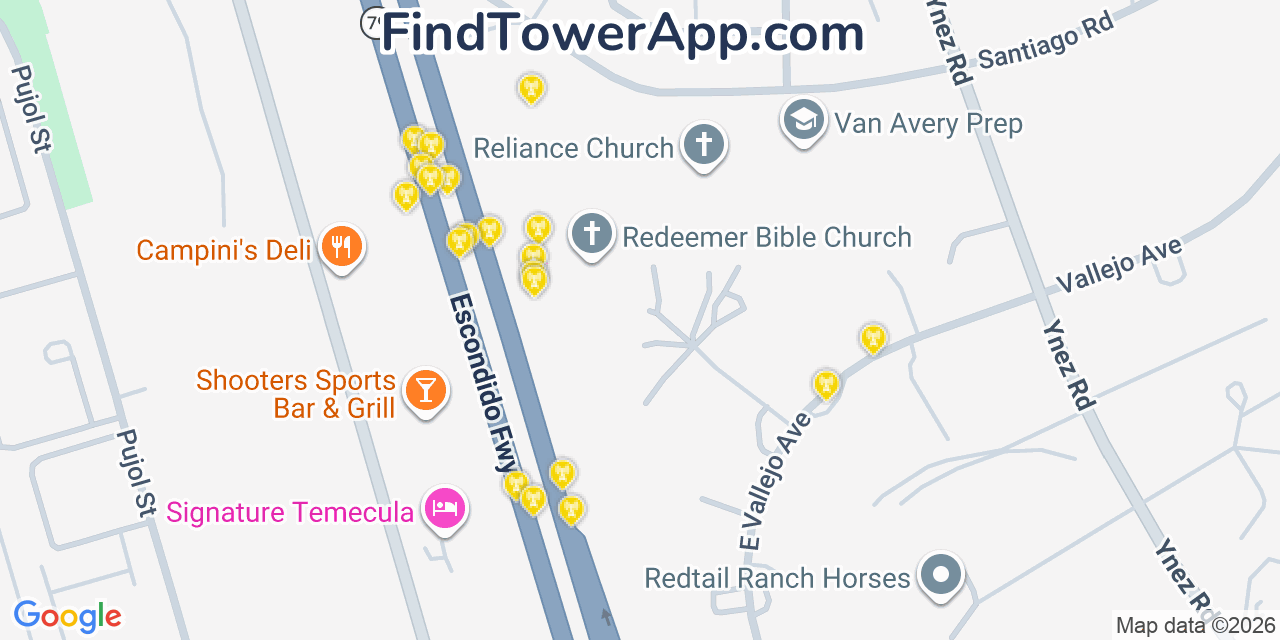 Map showing the 20 primary cell tower locations detected in Temecula, California from AT&T, Verizon, and T-Mobile networks