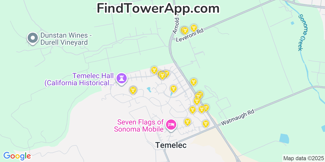 Map showing the 20 primary cell tower locations detected in Temelec, California from AT&T, Verizon, and T-Mobile networks
