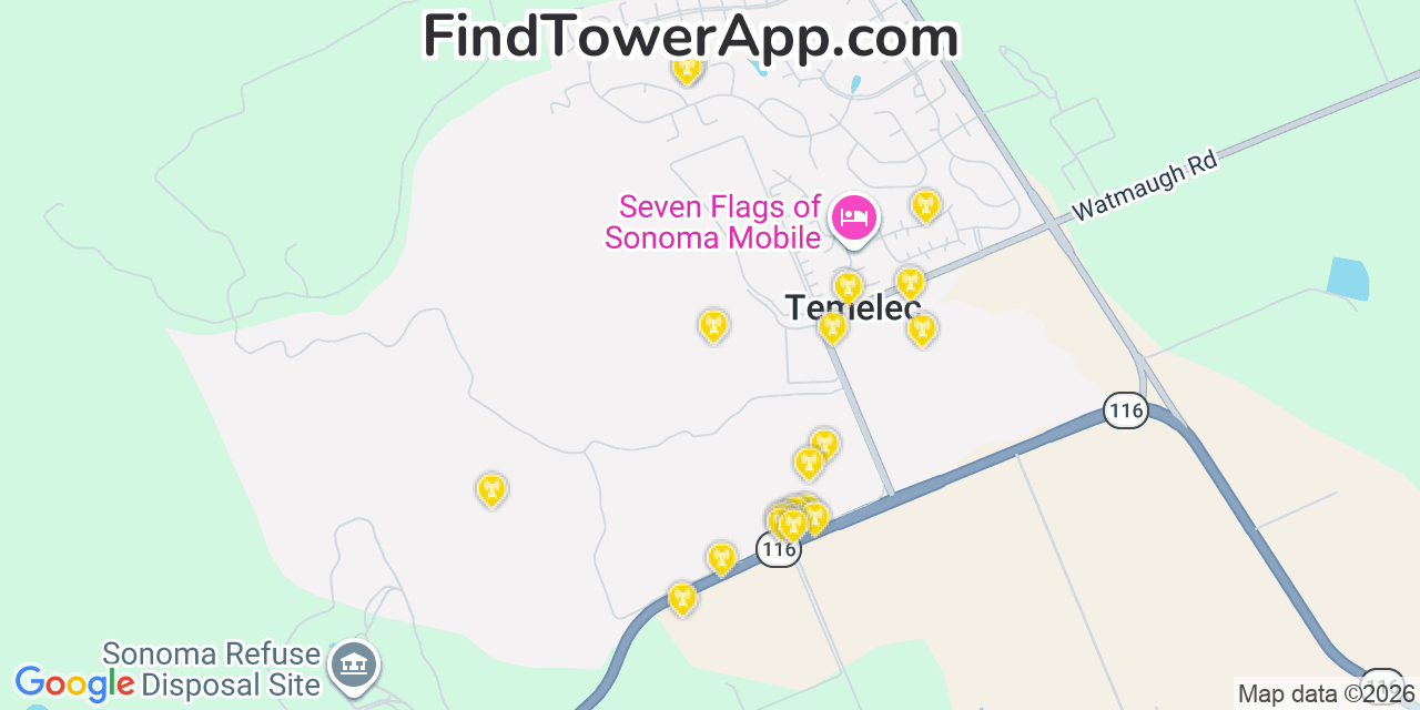 Map showing the 20 primary cell tower locations detected in Temelec, California from AT&T, Verizon, and T-Mobile networks