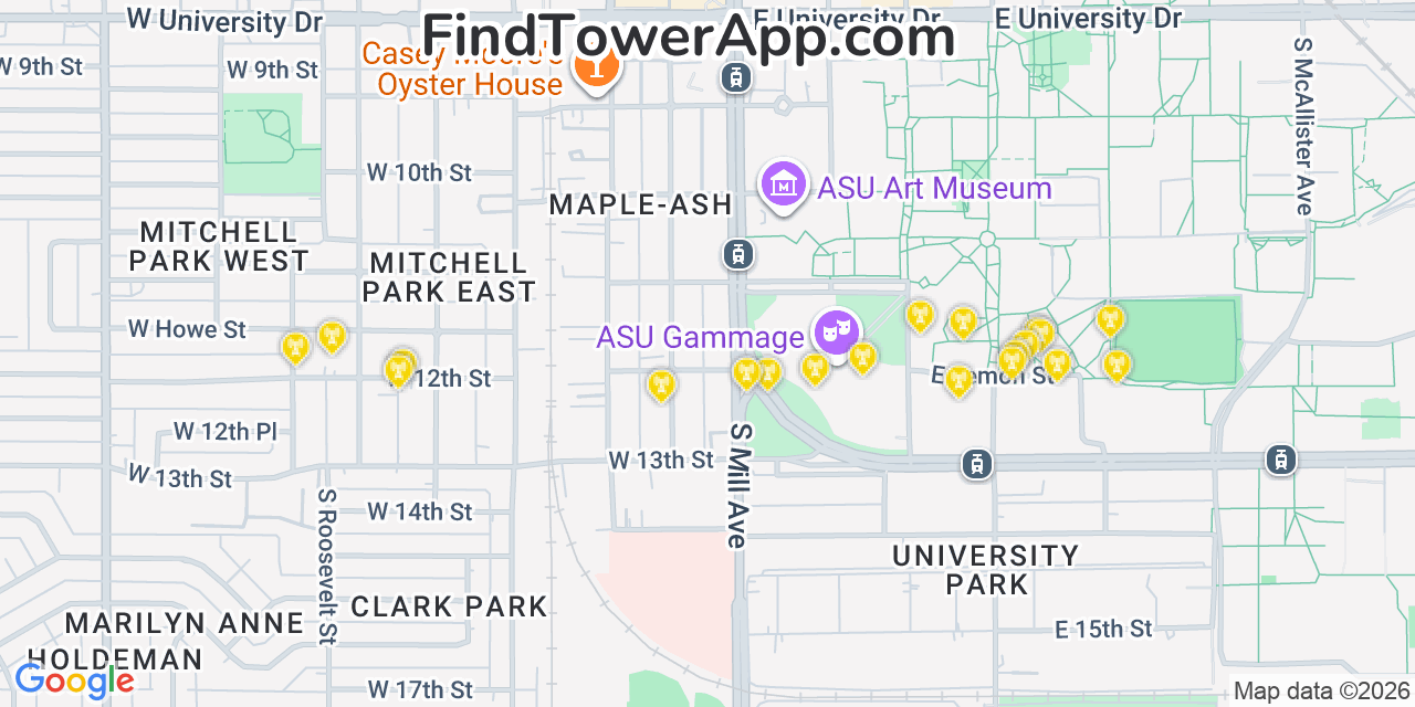Map showing the 20 primary cell tower locations detected in Tempe, Arizona from AT&T, Verizon, and T-Mobile networks