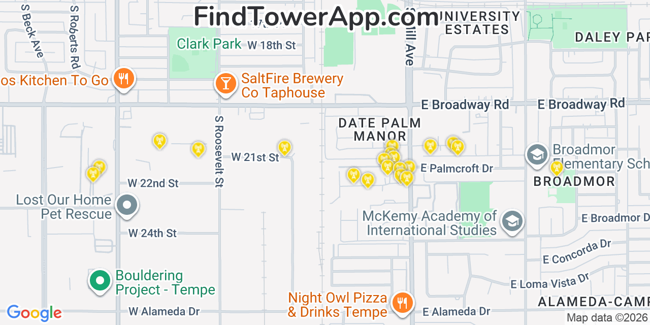 Map showing the 20 primary cell tower locations detected in Tempe Junction, Arizona from AT&T, Verizon, and T-Mobile networks