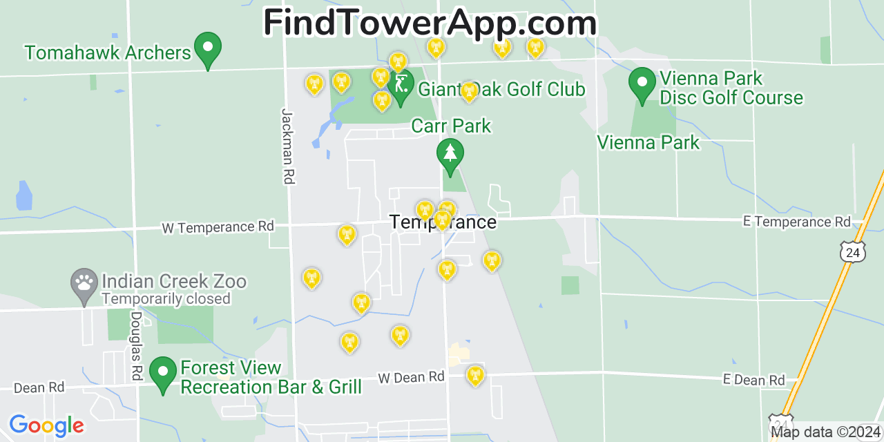 AT&T 4G/5G cell tower coverage map Temperance, Michigan