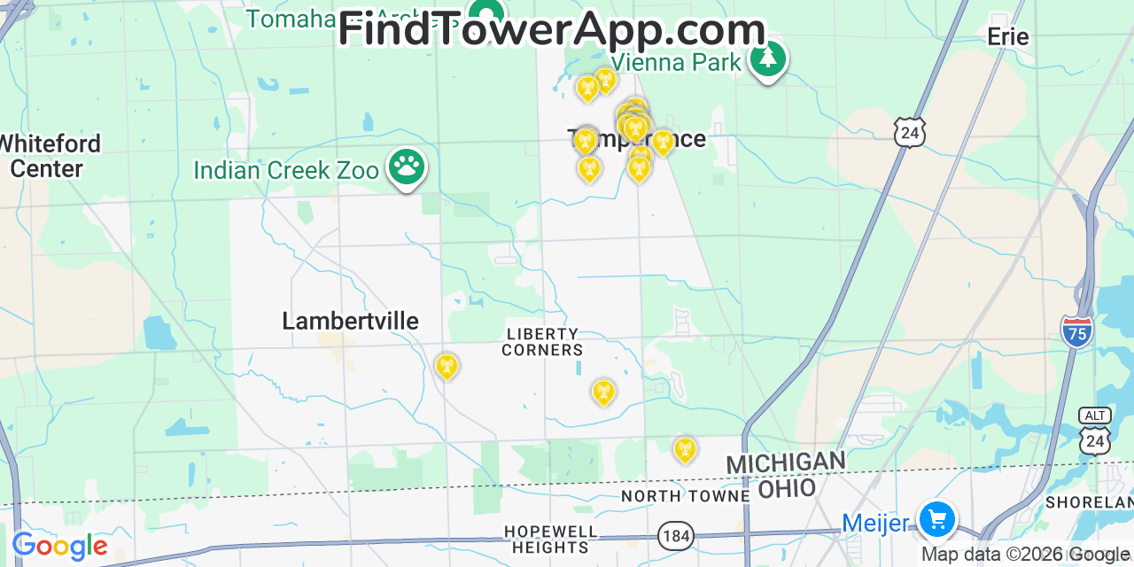 Map showing the 20 primary cell tower locations detected in Temperance, Michigan from AT&T, Verizon, and T-Mobile networks