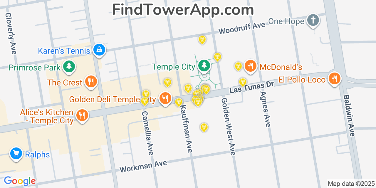 Map showing the 20 primary cell tower locations detected in Temple City, California from AT&T, Verizon, and T-Mobile networks