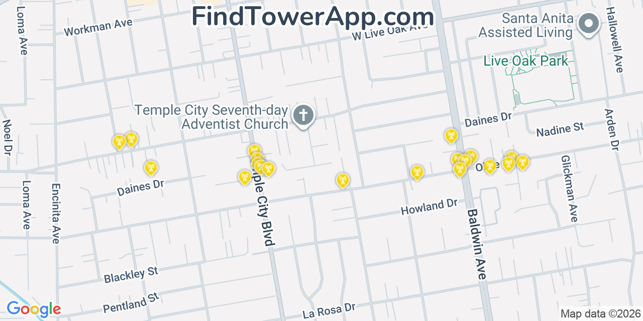 Map showing the 20 primary cell tower locations detected in Temple City, California from AT&T, Verizon, and T-Mobile networks