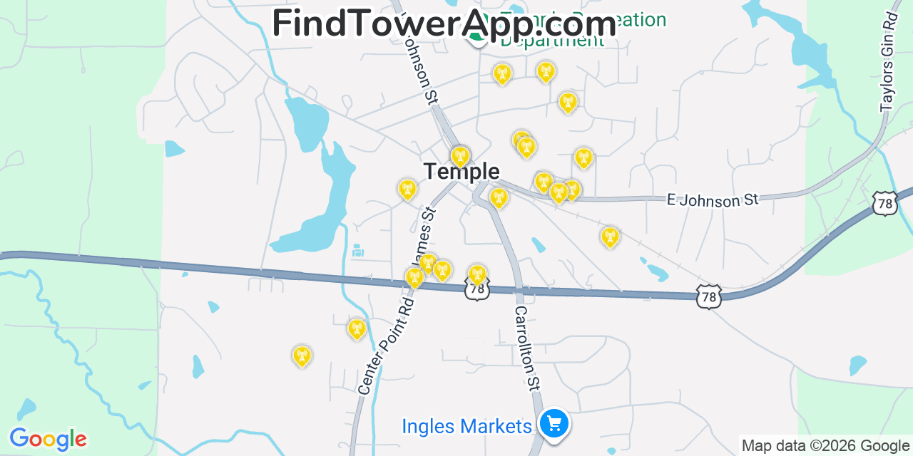 Map showing the 20 primary cell tower locations detected in Temple, Georgia from AT&T, Verizon, and T-Mobile networks