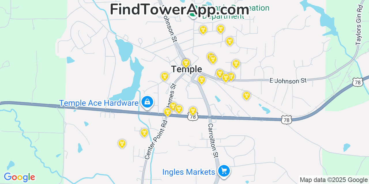 Map showing the 20 primary Mobitel cell tower locations detected in Temple, Georgia with coverage radius and signal strength indicators