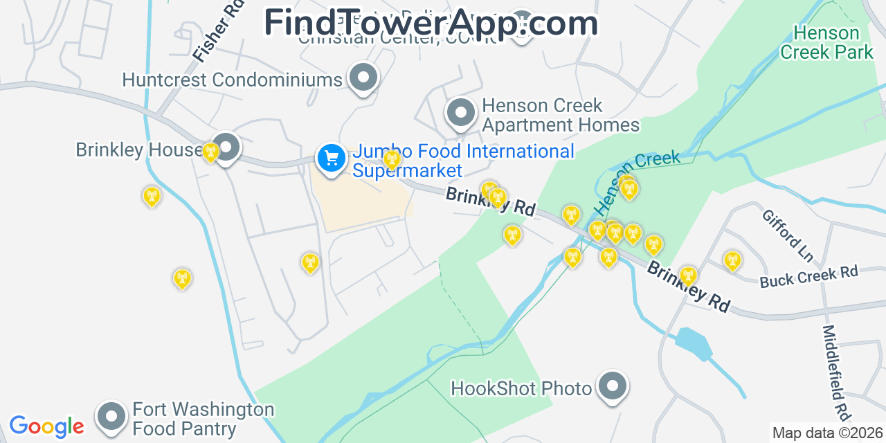 Map showing the 20 primary cell tower locations detected in Temple Hills, Maryland from AT&T, Verizon, and T-Mobile networks