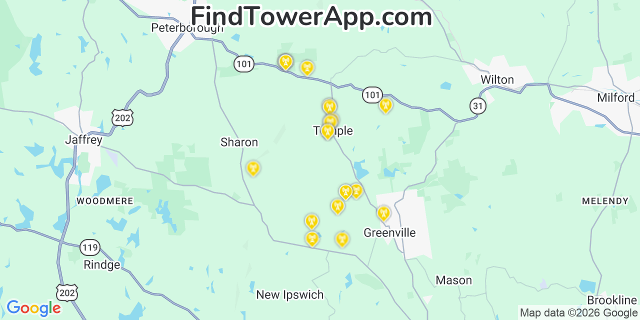 Map showing the 20 primary cell tower locations detected in Temple, New Hampshire from AT&T, Verizon, and T-Mobile networks