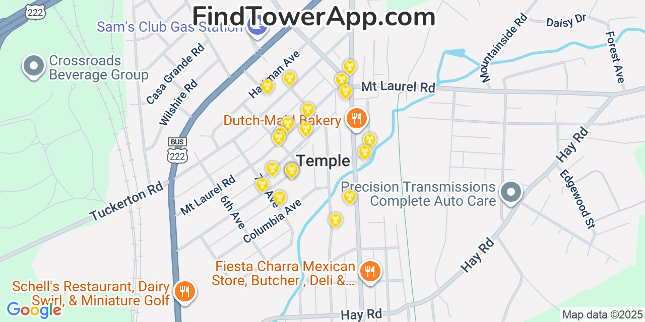 Map showing the 20 primary cell tower locations detected in Temple, Pennsylvania from AT&T, Verizon, and T-Mobile networks