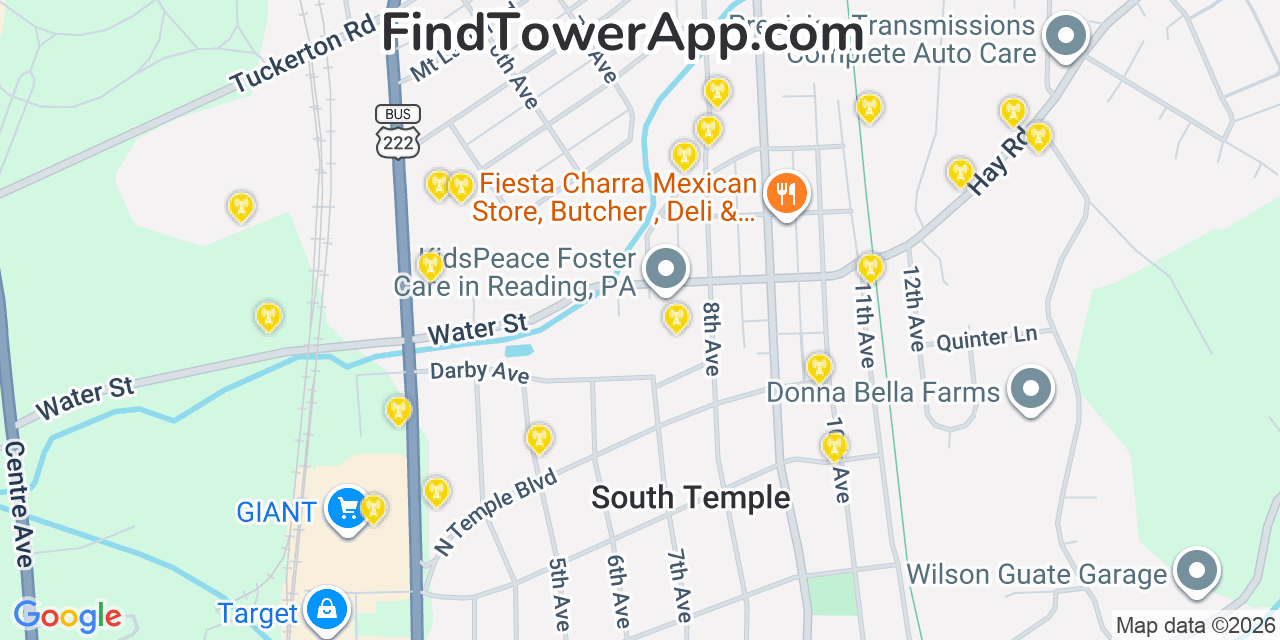 Map showing the 20 primary cell tower locations detected in Temple, Pennsylvania from AT&T, Verizon, and T-Mobile networks