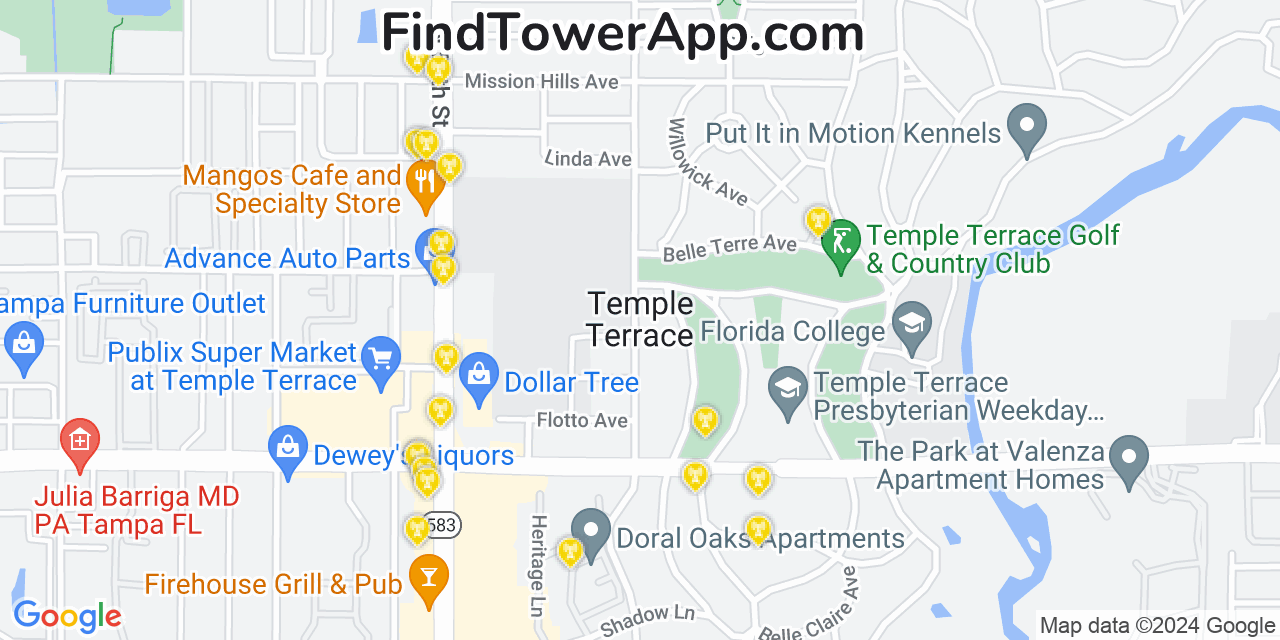 AT&T 4G/5G cell tower coverage map Temple Terrace, Florida