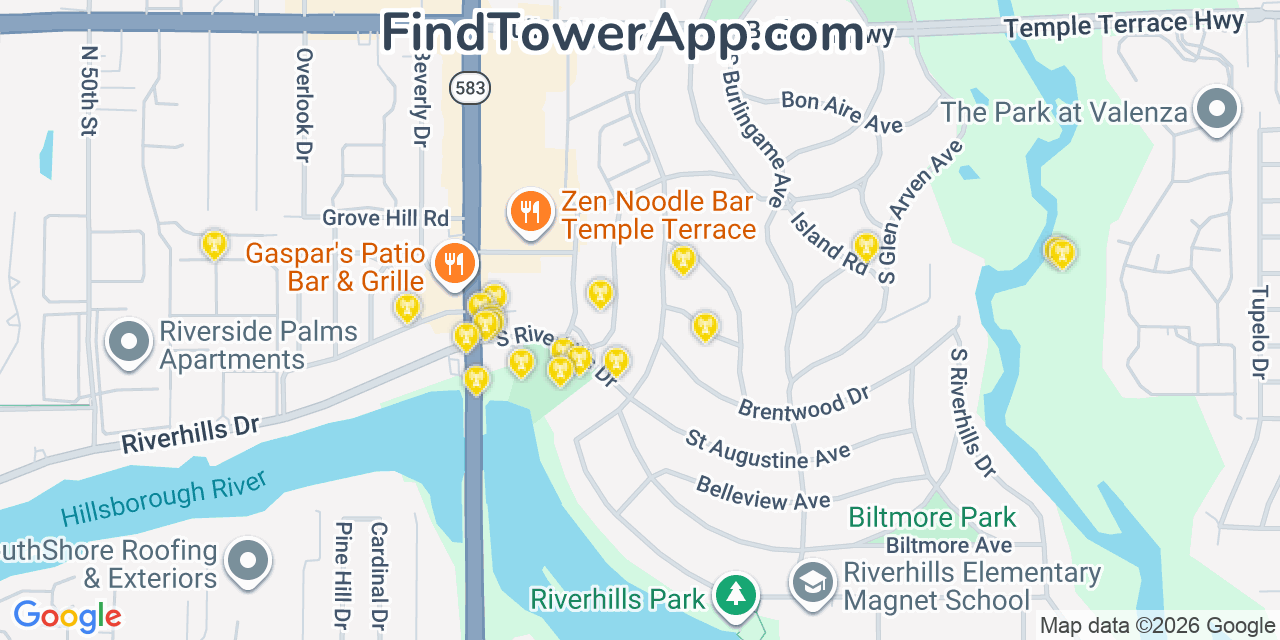 Map showing the 20 primary cell tower locations detected in Temple Terrace, Florida from AT&T, Verizon, and T-Mobile networks