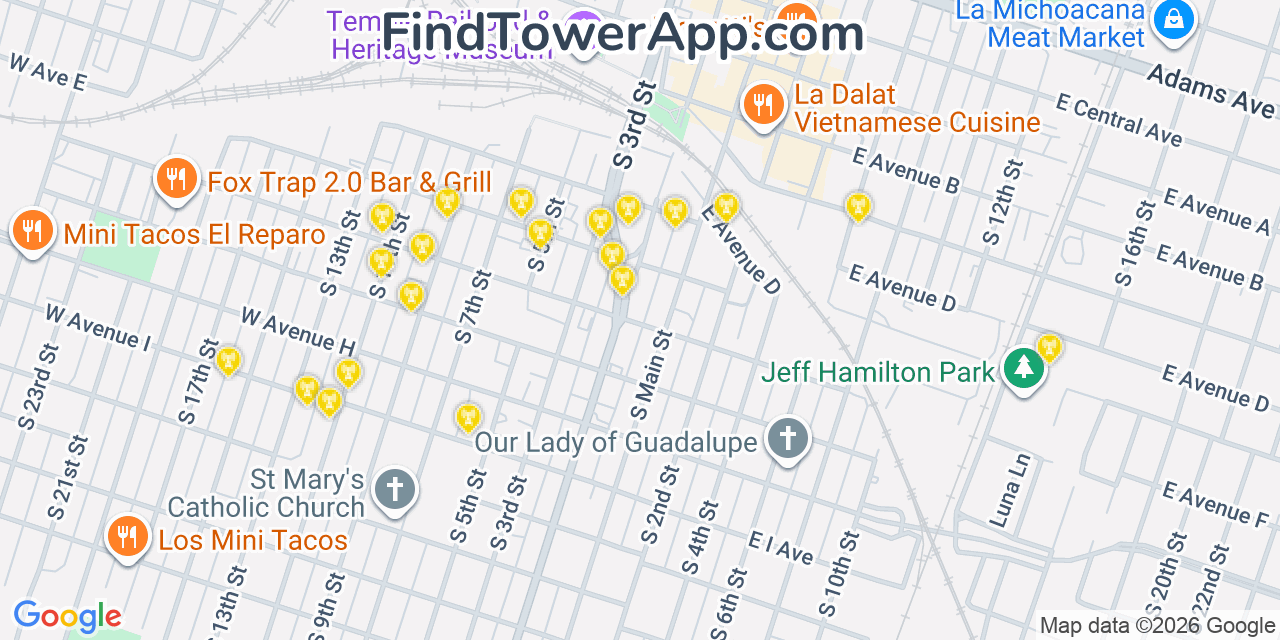 Map showing the 20 primary cell tower locations detected in Temple, Texas from AT&T, Verizon, and T-Mobile networks