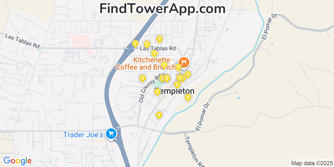 Map showing the 20 primary cell tower locations detected in Templeton, California from AT&T, Verizon, and T-Mobile networks