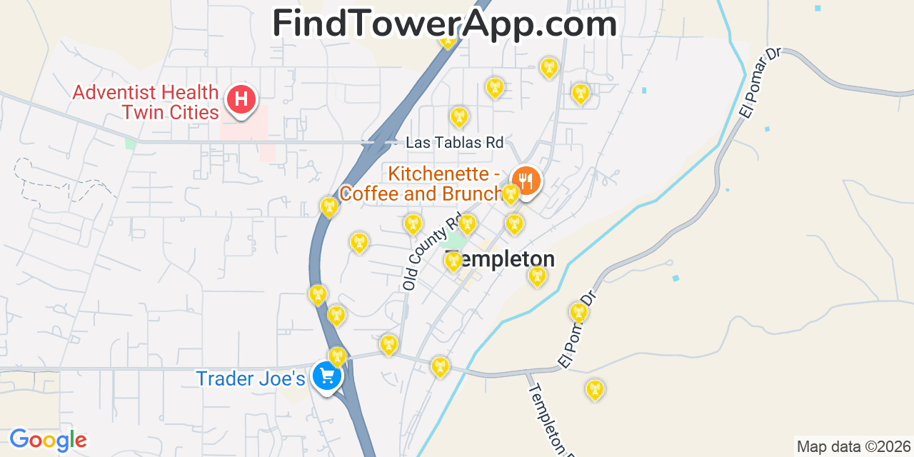 Map showing the 20 primary cell tower locations detected in Templeton, California from AT&T, Verizon, and T-Mobile networks