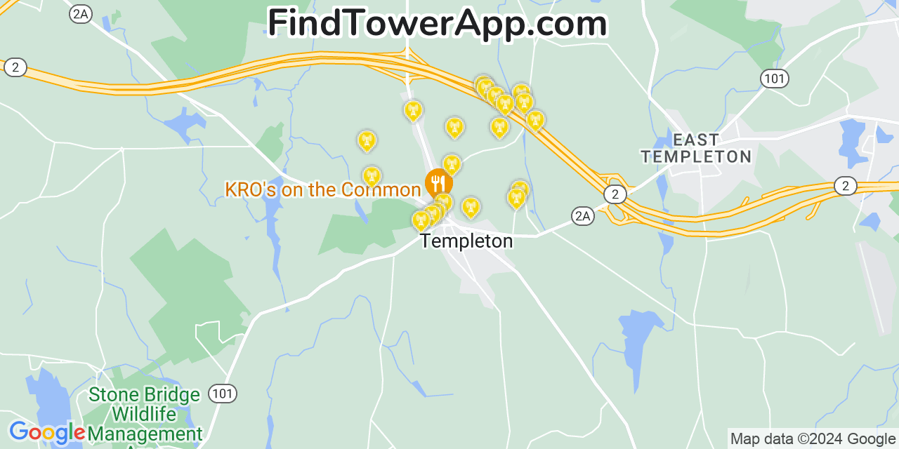 AT&T 4G/5G cell tower coverage map Templeton, Massachusetts