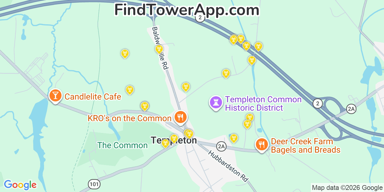 Map showing the 20 primary cell tower locations detected in Templeton, Massachusetts from AT&T, Verizon, and T-Mobile networks
