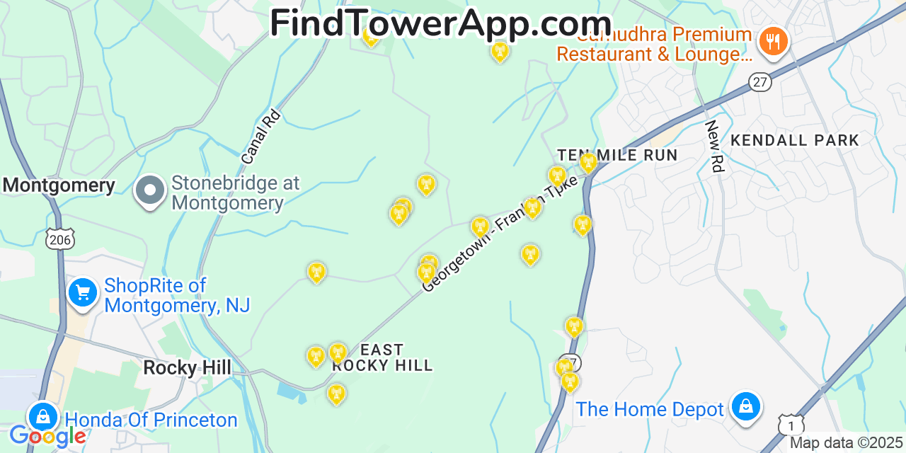 Map showing the 20 primary cell tower locations detected in Ten Mile Run, New Jersey from AT&T, Verizon, and T-Mobile networks