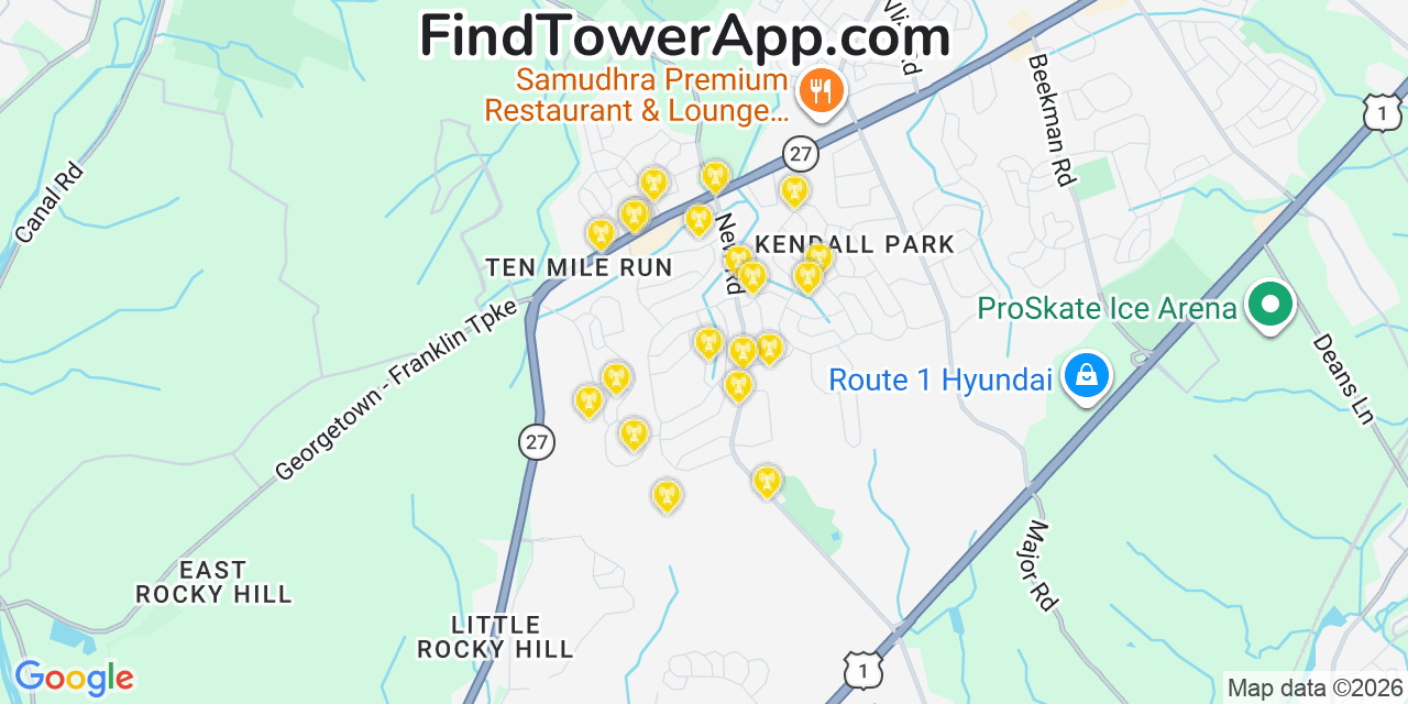 Map showing the 20 primary cell tower locations detected in Ten Mile Run, New Jersey from AT&T, Verizon, and T-Mobile networks