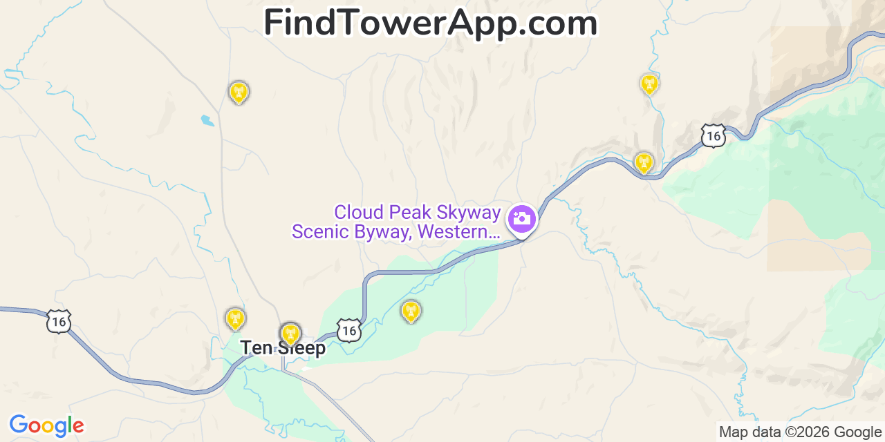Map showing the 20 primary cell tower locations detected in Ten Sleep, Wyoming from AT&T, Verizon, and T-Mobile networks