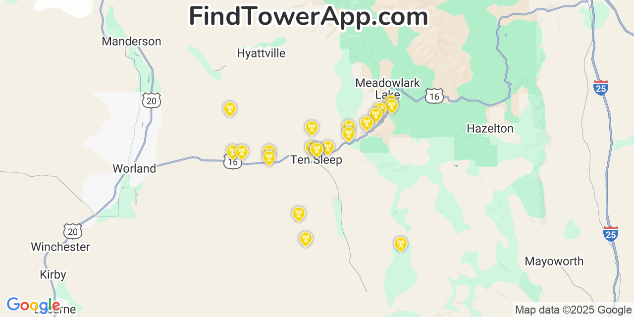 Map showing the 20 primary Verizon cell tower locations detected in Ten Sleep, Wyoming with coverage radius and signal strength indicators