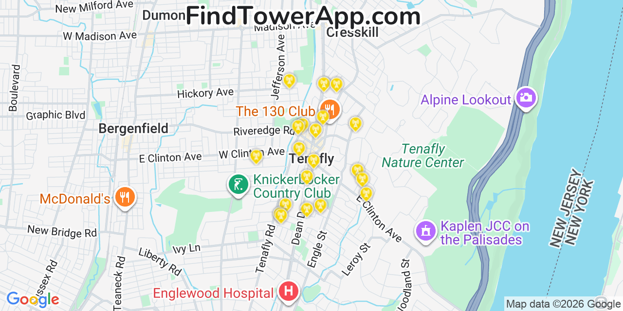 Map showing the 20 primary cell tower locations detected in Tenafly, New Jersey from AT&T, Verizon, and T-Mobile networks