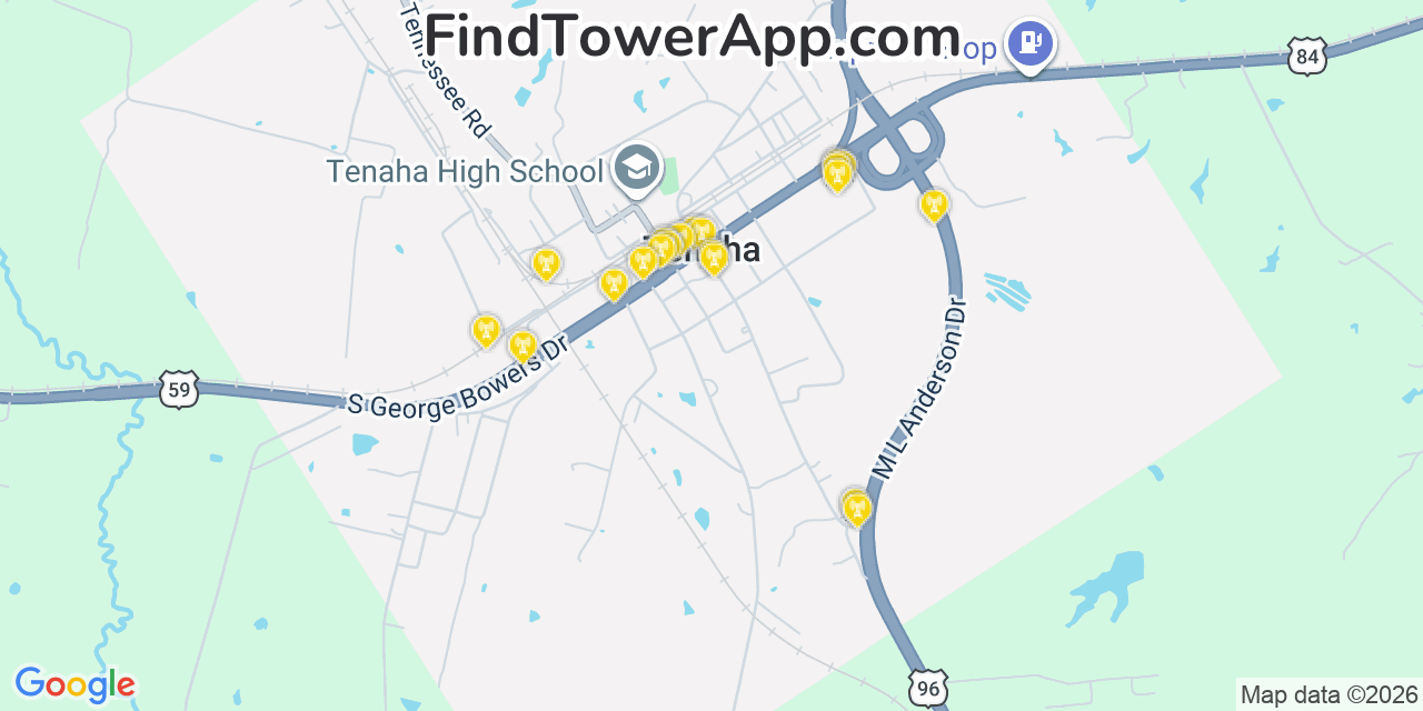 Map showing the 20 primary cell tower locations detected in Tenaha, Texas from AT&T, Verizon, and T-Mobile networks