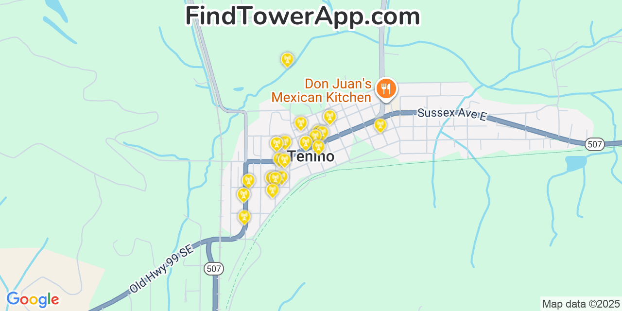 Map showing the 20 primary cell tower locations detected in Tenino, Washington from AT&T, Verizon, and T-Mobile networks