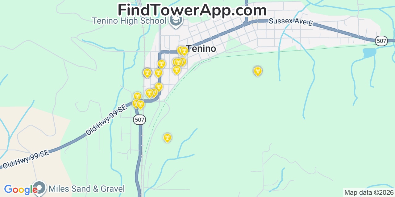 Map showing the 20 primary cell tower locations detected in Tenino, Washington from AT&T, Verizon, and T-Mobile networks
