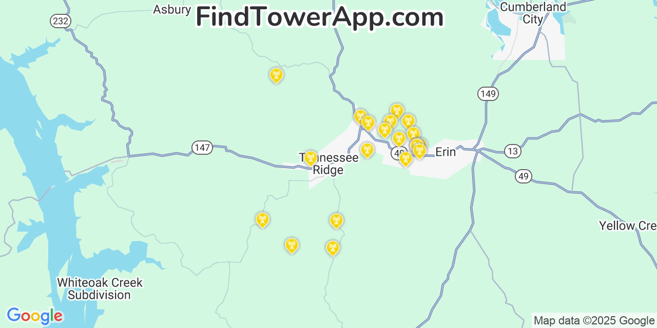 Map showing the 20 primary cell tower locations detected in Tennessee Ridge, Tennessee from AT&T, Verizon, and T-Mobile networks
