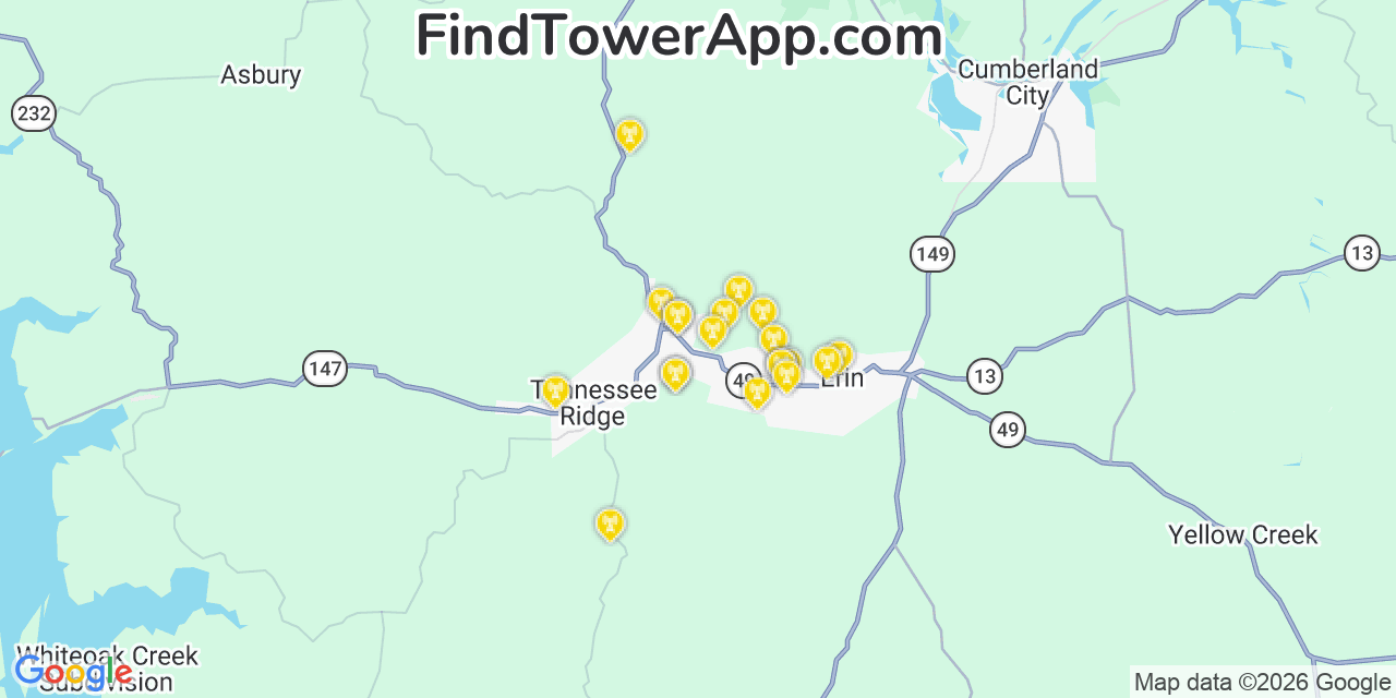 Map showing the 20 primary cell tower locations detected in Tennessee Ridge, Tennessee from AT&T, Verizon, and T-Mobile networks