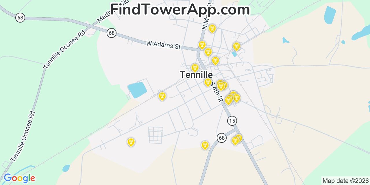 Map showing the 20 primary cell tower locations detected in Tennille, Georgia from AT&T, Verizon, and T-Mobile networks